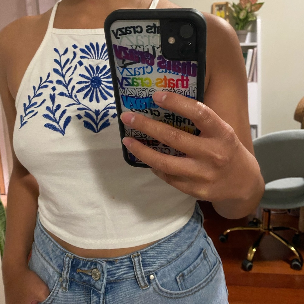 White/Blue Embroidered Crop Top M